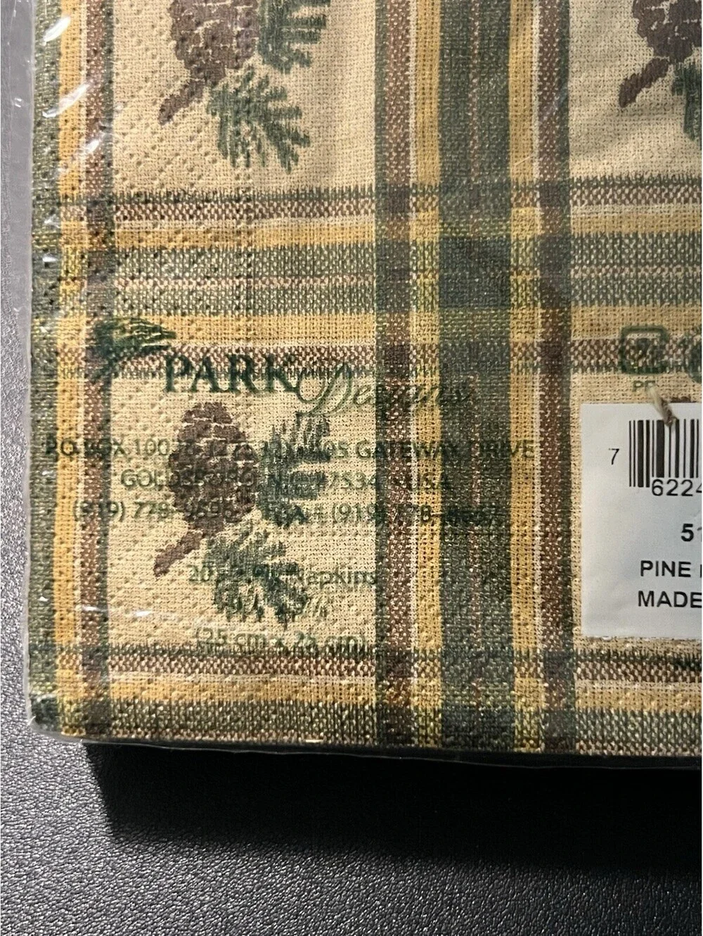 NWT Park Designs 2000s Pine Lodge Plaid Pinecone Cotton Napkins, 5”